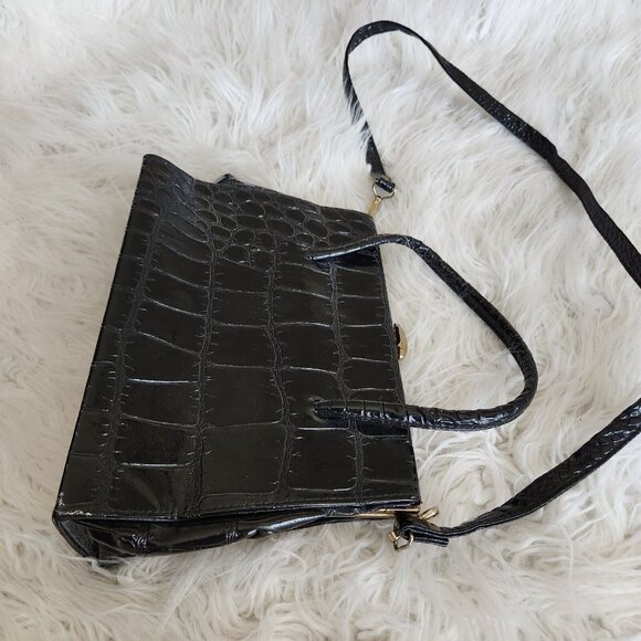 Vintage Croc Embossed Leather Satchel Top Handled Shoulder Crossbody Bag Gold - Picture 4 of 15